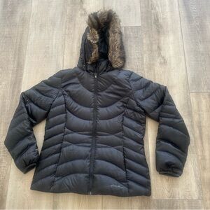 NEW Eddie Bauer DOWN Parka Jacket 650 L Hood F Fur Collar Black Quilted Puffer